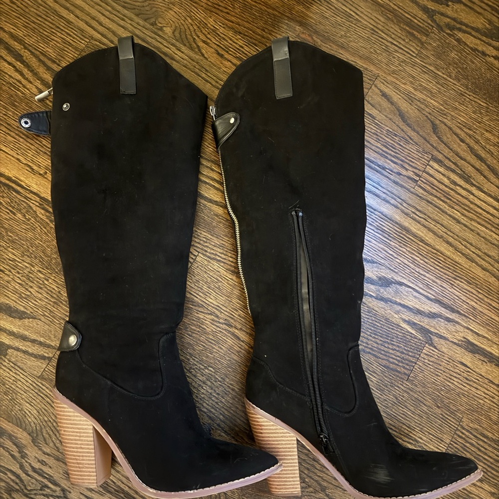 JustFab Black Heeled Boots with Tan Soles